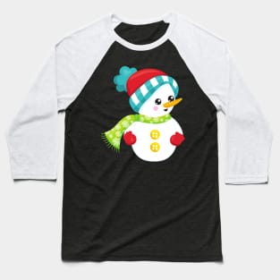 Christmas Snowman, Hat, Scarf, Gloves, Carrot Nose Baseball T-Shirt